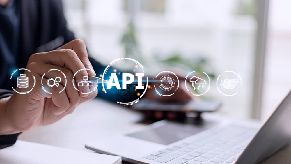 Man hands clicking on white api icon